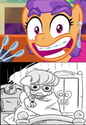 Size: 640x924 | Tagged: safe, artist:shepherd0821, edit, screencap, plaid stripes, silver spoon, g4, the saddle row review, braces, comic, discovery family logo, faic, slasher smile, spoon, teeth, the horribly slow murderer with the extremely inefficient weapon