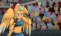 Size: 3800x2255 | Tagged: safe, artist:nolycs, applejack, rainbow dash, oc, oc:cloud burst, anthro, g4, abs, anthro oc, armpits, belly button, blood, boxing, boxing ring, bruised, clothes, encouragement, female, fight, fingerless gloves, food, gloves, hair bun, half r63 shipping, heterochromia, high res, male, midriff, mother, muscles, next generation, offspring, parent:applejack, parent:rainbow blitz, parent:rainbow dash, parents:appleblitz (straight), parents:appledash, popcorn, rainbow blitz, rule 63, ship:appleblitz, sports bra, straight, tomboy