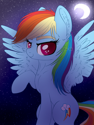 Size: 1024x1365 | Tagged: safe, artist:du-sk, rainbow dash, pegasus, pony, g4, backwards cutie mark, female, looking at you, mare, moon, night, smiling, solo, stars, watermark, wings