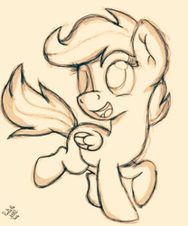 Size: 500x600 | Tagged: safe, artist:pinkiepie6680, scootaloo, pegasus, pony, g4, blank flank, cute, cutealoo, female, filly, foal, monochrome, open mouth, raised hoof, signature, simple background, sketch, solo, walking