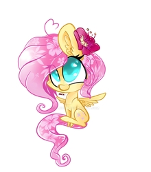 Size: 1024x1165 | Tagged: safe, artist:ulkuchi, fluttershy, pegasus, pony, g4, chibi, cute, deviantart watermark, ear fluff, eye clipping through hair, female, flower, flower in hair, mare, obtrusive watermark, simple background, sitting, smiling, solo, spread wings, watermark, white background, wings