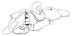 Size: 798x383 | Tagged: safe, artist:whydomenhavenipples, starlight glimmer, pony, unicorn, g4, female, grayscale, lidded eyes, looking at you, lying down, monochrome, prone, solo