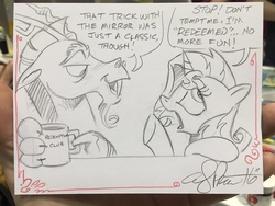Size: 2048x1536 | Tagged: safe, artist:andypriceart, discord, sunset shimmer, pony, unicorn, g4, traditional art