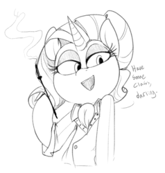 Size: 683x716 | Tagged: safe, artist:whydomenhavenipples, rarity, semi-anthro, g4, cigarette, cigarette holder, clothes, dexterous hooves, dialogue, eyeshadow, female, grayscale, hoof hold, makeup, monochrome, open mouth, shirt, smoking, solo