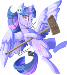 Size: 1043x1165 | Tagged: safe, artist:crponies, twilight sparkle, alicorn, pony, g4, the saddle row review, bipedal, broom, cute, female, grin, headphones, hoof hold, looking at you, mare, simple background, smiling, solo, spread wings, sweepsweepsweep, transparent background, twiabetes, twilight sparkle (alicorn), twilight sweeple, wink