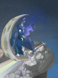 Size: 1024x1366 | Tagged: dead source, safe, artist:crponies, princess luna, rainbow dash, tiberius, g4, moon, rainbow trail, tangible heavenly object