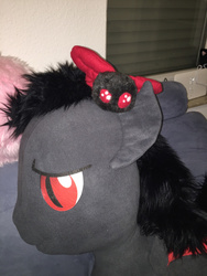 Size: 540x720 | Tagged: safe, artist:dratze, artist:littlewolfstudios, oc, oc only, oc:qetesh, bat pony, parasprite, pony, irl, mullet, photo, plushie