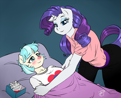 Size: 700x567 | Tagged: safe, artist:pia-sama, coco pommel, rarity, earth pony, unicorn, anthro, g4, the saddle row review, bed, blanket, blushing, caring for the sick, cocobetes, cute, duo, female, flu, mama rarity, red nosed, sick, smiling