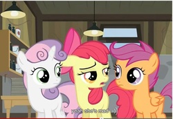 Size: 700x481 | Tagged: safe, screencap, apple bloom, scootaloo, sweetie belle, g4, cutie mark crusaders, meme, youtube caption