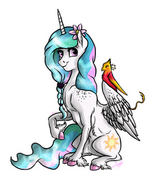 Size: 700x800 | Tagged: safe, artist:shimazun, philomena, princess celestia, phoenix, pony, g4, alternate hairstyle