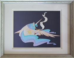 Size: 3984x3131 | Tagged: safe, artist:mellowhen, princess celestia, alicorn, pony, g4, cut paper, female, framed picture, high res, lying down, mare, mixed media, paper, pastel, pipe, smoking, solo, traditional art