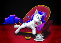 Size: 3059x2160 | Tagged: safe, artist:a8702131, rarity, g4, chocolate sauce, couch, fainting couch, female, food, marshmallow, rarity using marshmallows, solo