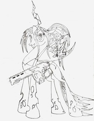 Size: 995x1280 | Tagged: safe, artist:dudarev, queen chrysalis, changeling, changeling queen, g4, female, gun, monochrome, rifle, smiling, solo, traditional art, weapon