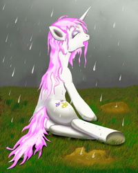 Size: 1600x2000 | Tagged: safe, artist:a8702131, fleur-de-lis, pony, unicorn, g4, butt, female, grass, lying down, mare, plot, rain, solo, underhoof, wet, wet mane