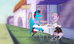 Size: 4418x2637 | Tagged: safe, artist:probablyfakeblonde, oc, oc only, oc:andrew swiftwing, oc:honningbrew, pegasus, pony, unicorn, blouse, canterlot, chair, clothes, couple, date, duo, female, high res, horn, male, shirt, skirt, smiling, table, wings