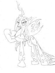 Size: 974x1280 | Tagged: safe, artist:dudarev, queen chrysalis, changeling, changeling queen, g4, female, monochrome, raised hoof, solo, traditional art