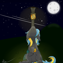 Size: 3000x3000 | Tagged: safe, artist:epicenehs, oc, oc only, oc:echo, changeling, equestria2101, female, high res, lamppost, sky, solo, stars, yellow changeling