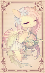 Size: 1080x1746 | Tagged: safe, artist:dieyue233, fluttershy, g4, basket, clothes, dress, eyes closed, female, flower, flower in hair, solo