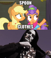 Size: 795x917 | Tagged: safe, edit, edited screencap, screencap, applejack, plaid stripes, g4, the saddle row review, comparison, face, ginosaji, image macro, meme, spoon, spoon clothes, the horribly slow murderer with the extremely inefficient weapon