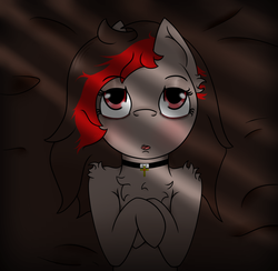Size: 1500x1464 | Tagged: safe, artist:lazerblues, oc, oc only, oc:miss eri, bed, black and red mane, chest fluff, choker, emo, on back, solo, two toned mane