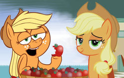 Size: 932x589 | Tagged: safe, edit, screencap, applejack, earth pony, pony, .mov, g4, my little pony: friendship is magic, the saddle row review, jappleack