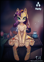 Size: 1240x1748 | Tagged: safe, artist:maxyunlong, rarity, pony, unicorn, semi-anthro, g4, beautiful, bedroom eyes, choker, clothes, dress, ear piercing, earring, fabric, female, looking at you, mare, piercing, sitting, solo, table, thread