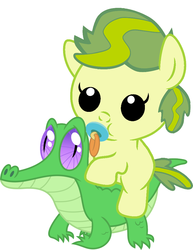 Size: 786x1017 | Tagged: safe, artist:red4567, apple bud, gummy, pony, g4, apple bud riding gummy, baby, baby pony, budbetes, cute, pacifier, ponies riding gators, riding, weapons-grade cute