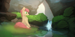 Size: 2600x1300 | Tagged: safe, artist:fuzzyfox11, roseluck, earth pony, canyon, female, mare, river, sitting, solo, stream, water
