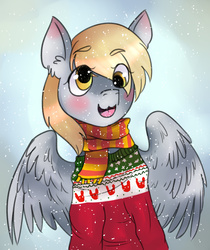 Size: 1280x1522 | Tagged: safe, artist:aude-okami, derpy hooves, pegasus, pony, g4, christmas, clothes, cute, female, hearts warming day, mare, scarf, snow, snowfall, solo, spread wings, sweater