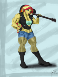Size: 1600x2133 | Tagged: safe, artist:pandatarius, sunset shimmer, equestria girls, g4, female, guitar, muscles, solo, sunset lifter