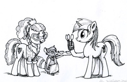 Size: 800x523 | Tagged: safe, artist:el-yeguero, lyra heartstrings, plaid stripes, earth pony, pony, raccoon, unicorn, g4, the saddle row review, female, grayscale, mare, monochrome, spoon, traditional art