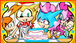 Size: 1024x576 | Tagged: safe, artist:shadowthehedgknight, carrot cake, cup cake, pinkie pie, pound cake, pumpkin cake, earth pony, anthro, g4, cake, food, older, sonic the hedgehog, sonic the hedgehog (series), sonicified, watermark