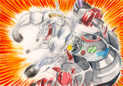Size: 3488x2445 | Tagged: safe, artist:souleatersaku90, bulk biceps, robot, g4, crossover, egg hammer, eggman empire of equestria, fanfic, fanfic art, fight, high res, sonic the hedgehog (series), traditional art, watercolor painting