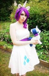 Size: 500x780 | Tagged: safe, artist:onlyfactory, rarity, human, g4, bootleg, clothes, cosplay, costume, irl, irl human, lip piercing, photo, piercing, plushie, solo