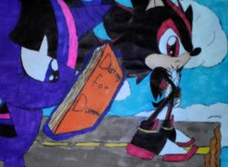 Size: 1210x891 | Tagged: safe, artist:dansonic15, twilight sparkle, g4, book, crossover, crossover shipping, magic, male, reading, shadow the hedgehog, shadtwi, shipping, sonic the hedgehog, sonic the hedgehog (series), telekinesis, traditional art