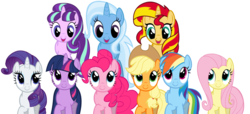 Size: 1024x465 | Tagged: safe, artist:ramseybrony17, applejack, fluttershy, pinkie pie, rainbow dash, rarity, starlight glimmer, sunset shimmer, trixie, twilight sparkle, alicorn, earth pony, pegasus, pony, unicorn, g4, counterparts, cute, dashabetes, diapinkes, diatrixes, female, glimmerbetes, jackabetes, looking at each other, looking down, looking up, magical quartet, magical quintet, magical trio, mare, open mouth, raribetes, shimmerbetes, shyabetes, simple background, smile song, transparent background, twiabetes, twilight sparkle (alicorn), twilight's counterparts, vector