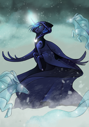 Size: 500x707 | Tagged: safe, artist:casynuf, princess luna, spirit of hearth's warming yet to come, alicorn, pony, windigo, a hearth's warming tail, g4, cloak, clothes, female, glowing horn, horn, solo, wings, winter
