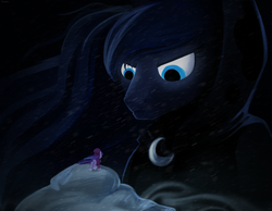 Size: 1800x1400 | Tagged: safe, artist:taneysha, princess luna, snowfall frost, spirit of hearth's warming yet to come, starlight glimmer, g4, blizzard, cloak, clothes, epic, snow, snowfall, you dun goofed