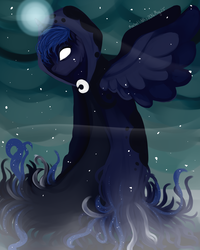 Size: 4000x5000 | Tagged: dead source, safe, artist:rachelsrandomart, princess luna, spirit of hearth's warming yet to come, g4, absurd resolution, cloak, clothes, female, glowing eyes, magic, snow, snowfall, solo