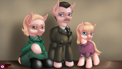 Size: 3840x2160 | Tagged: safe, artist:tsaritsaluna, oc, oc only, oc:aryanne, alternate hairstyle, clothes, dress, family, father, high res, mother, moustache, suit, younger