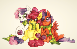Size: 1136x732 | Tagged: safe, artist:buttersprinkle, apple bloom, scootaloo, sweetie belle, g4, adorabloom, clothes, cute, cutealoo, cutie mark, cutie mark crusaders, diasweetes, scarf, simple background, the cmc's cutie marks, traditional art