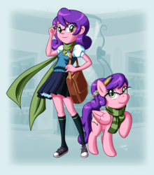 Size: 1188x1350 | Tagged: safe, artist:shaxbert, oc, oc only, oc:bookish delight, human, pegasus, pony, equestria girls, g4, clothes, converse, cute, glasses, human ponidox, looking at you, pencil, pleated skirt, ponysona, raised hoof, scarf, school uniform, shoes, skirt, smiling, socks, sweater vest
