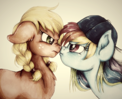 Size: 832x680 | Tagged: safe, artist:buttersprinkle, applejack, rainbow dash, g4, alternate hairstyle, angry, backwards ballcap, baseball cap, boop, braid, clothes, grumpy, hat, scrunchy face, traditional art