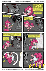 Size: 1024x1582 | Tagged: safe, artist:wadusher0, pinkie pie, earth pony, pony, comic:time fades, g4, banana peel, death (equine-morphic personification), female, food, grim reaper, mare, pie