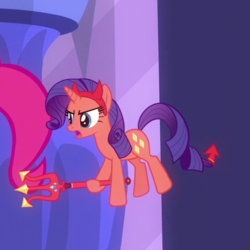 Size: 479x479 | Tagged: safe, screencap, pinkie pie, rarity, g4, the saddle row review, cropped, devil rarity, pitchfork, shoulder devil, solo focus