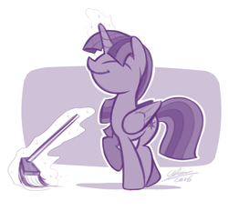 Size: 978x908 | Tagged: safe, artist:dori-to, twilight sparkle, alicorn, pony, g4, the saddle row review, broom, female, mare, monochrome, solo, sweeping, sweepsweepsweep, twilight sparkle (alicorn), twilight sweeple