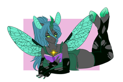 Size: 1280x853 | Tagged: safe, artist:lolopan, princess celestia, queen chrysalis, changeling, changeling queen, anthro, unguligrade anthro, g4, book, breasts, busty queen chrysalis, clothes, cutie mark necklace, female, green eyes, green underwear, lesbian, nail polish, ponytail, ship:chryslestia, shipping, solo, underhoof, underwear