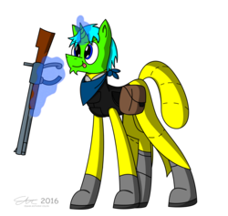 Size: 2027x1920 | Tagged: safe, artist:derpanater, oc, oc only, oc:live "derp" bait, pony, unicorn, fallout equestria, digital art, gun, gun shaped object, magic, radiation suit, rifle, smiling, telekinesis, tongue out, weapon