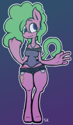 Size: 1224x2076 | Tagged: safe, artist:slitherkitty, oc, oc only, oc:serendipity doo, earth pony, anthro, unguligrade anthro, clothes, derp, ear piercing, necklace, piercing, shorts, sweater, wide hips