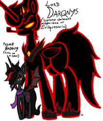 Size: 3431x4026 | Tagged: safe, artist:slitherkitty, oc, oc only, oc:lord darqnys, oc:prince badguy, alicorn, bat pony, bat pony alicorn, pony, clothes, codename kids next door, donut steel, father (knd), father and child, father and son, high res, kids next door, male, red and black oc, scarf